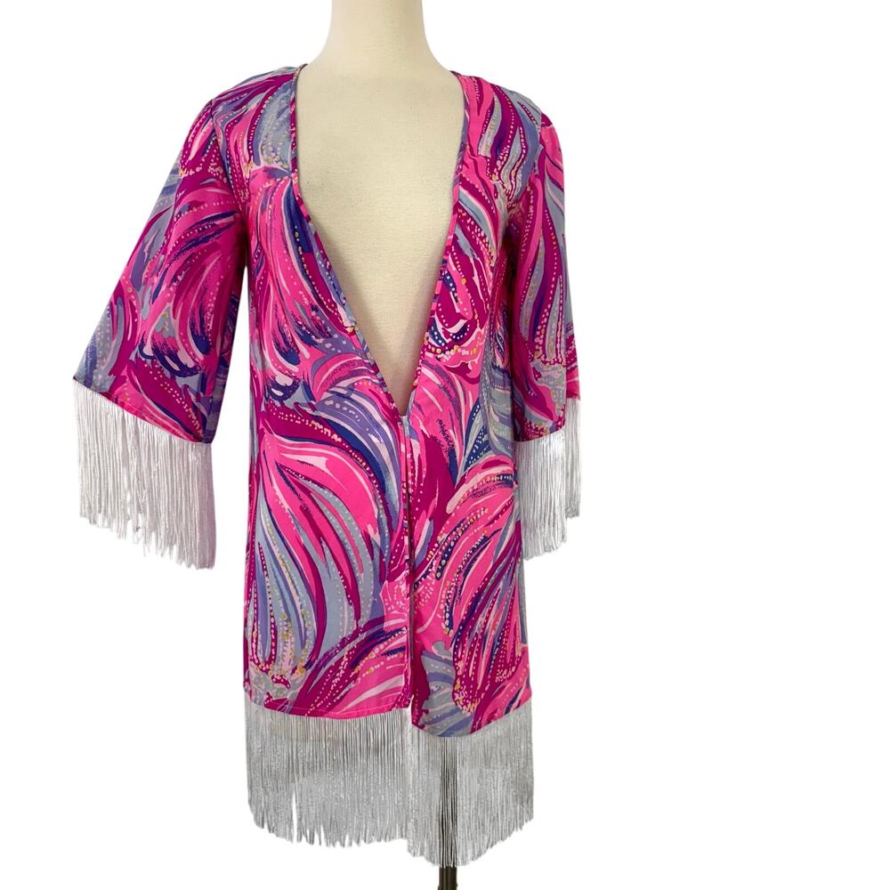 Lilly Pulitzer Noelle Silk Kimono Coverup Magenta Oh My Guava Fringe XS NWT
